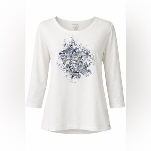 Chico's White and Blue Graphic Long Sleeve Top